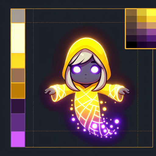 Doll fyn glowing yellow and purple.
Single Game Texture. In-Game asset. 2d. Blank background. High contrast. No shadows.