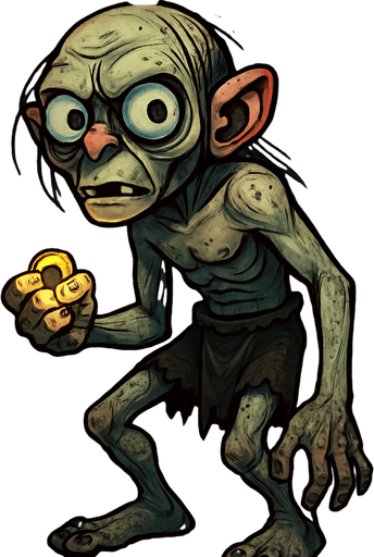 A full-body stylized illustration of Smeagol (Gollum), showing his thin, hunched frame and large expressive eyes. He is barefoot and shirtless, wearing ragged shorts, with exaggerated cartoonish features that highlight his creepy yet pitiful nature. He clutches a glowing precious ring tightly in one hand. The art style is dark fantasy with vibrant colors, detailed skin textures, and a shadowy, mysterious background to enhance the eerie atmosphere. Perfect for full-character concept art or game design..
In-Game asset.  2d.  High contrast.  No shadows