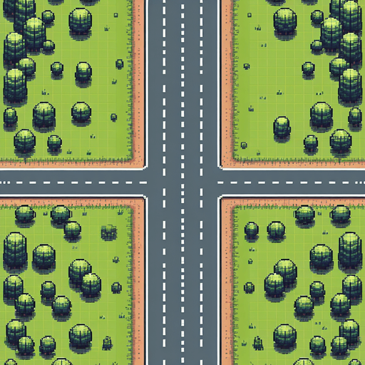 Top view of an empty road without lines from top to bottom.
overhead view.  Pixel art