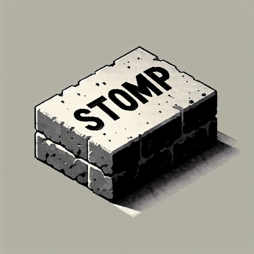 a forward facing brick with the writing "Stomp" Single Game Texture. In-Game asset. 2d. Blank background. High contrast. No shadows.