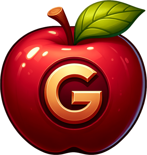 the "G" sign on the red apple.
Single Game Texture. In-Game asset. 2d. Blank background. High contrast. No shadows.