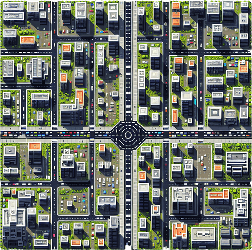 A top down view of a city.
Single Game Texture. In-Game asset. 2d. Blank background. High contrast. No shadows.