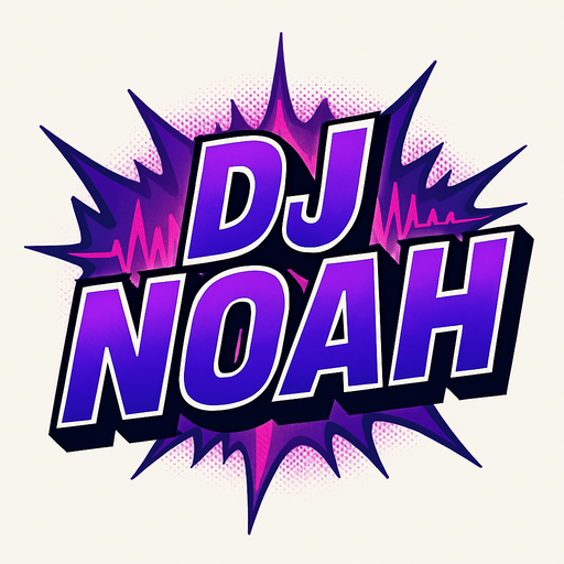 A bold, comic-style game title reading 'DJ NOAH' in large uppercase letters. The text features a deep electric purple gradient with sharp highlights and bold white outlines, styled like a dramatic comic book title splash. Subtle halftone textures and a radial glow enhance its dynamic look. Behind the text, abstract comic-style sound wave elements stretch outward in purple and magenta hues. The composition is punchy, modern, and dramatic — designed as a central UI graphic with transparent background for in-game use. 2D, high contrast, no drop shadow..
In-Game asset.  2d.  High contrast.  No shadows
