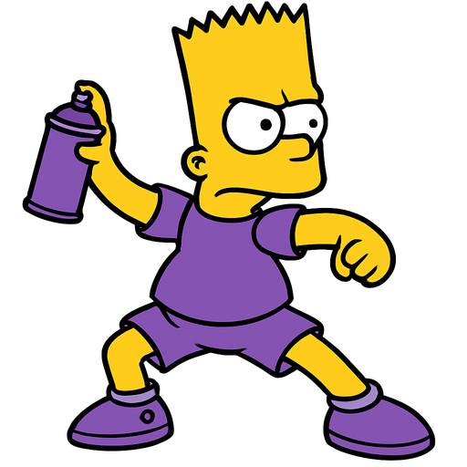 Bart holding a purple Spraycan while he is wearing purple shoes and shorts. Show all of his body in a fighting stance
In-Game asset.  2d.  High contrast.  No shadows