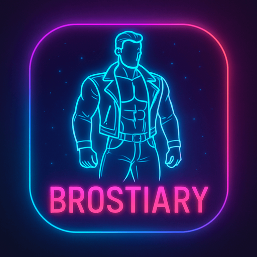 Neon cyberpunk App icon BROSTIARY encyclopedia of black leather biker jacket longsleeves shirtless musxles pants boots hunk outline linework glowing 3d hologram flat