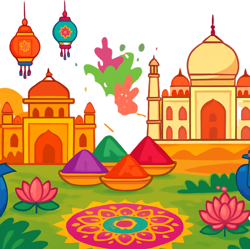 A vibrant, colorful 2D cartoon-style background inspired by India. Include iconic Indian elements such as the Taj Mahal, Lotus Temple, Indian palace architecture, Holi color splashes, and hanging lanterns. Surround the scene with peacocks, lotus flowers, temple bells, or traditional rangoli patterns. The atmosphere should feel festive and spiritual, with a warm sunset or golden light. Designed in a flat, game-friendly illustration style (vector/cartoon), perfect for a level themed around traditional Indian music. Export in 1920x1080 (landscape), without characters or text..
In-Game asset.  2d.  High contrast.  No shadows