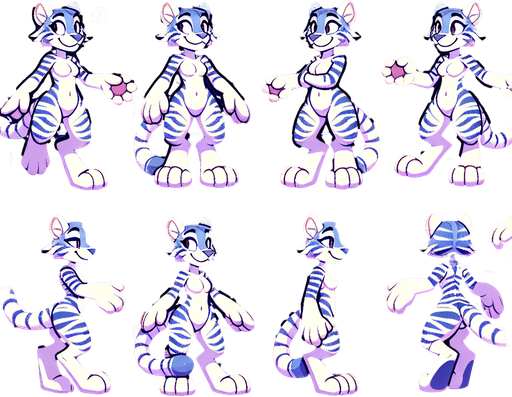 A spritesheet with a number of poses of an happy little tigergirl in a swimsuit, smiling, walking, waiting, standing, ordering, turning, etc. all seen from the side.The spritesheet should be laid out in a rectangular grid with clear space between each individual sprite. Each sprite in the sheet should be around 300x600 pixels in size.
Single Game Texture. In-Game asset. 2d. Blank background. High contrast. No shadows.