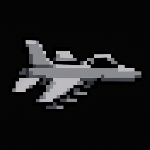 Avión de color gris sin ruedas 8 bit.
In-Game asset.  2d.  High contrast.  No shadows