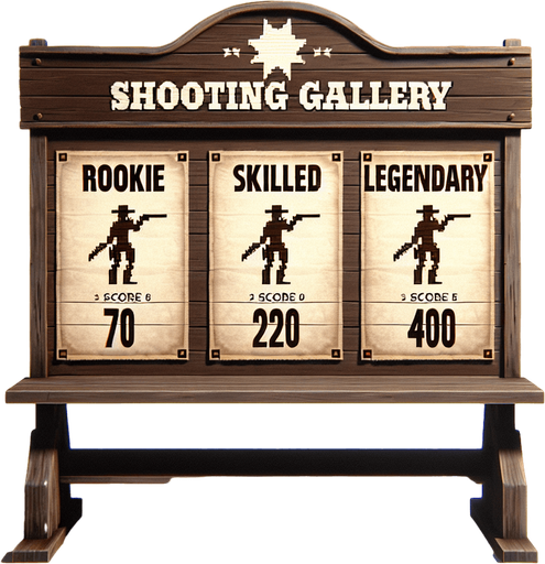 a western shooting gallery ranking charts written rookie (70) skilled(220) legendary (400).
Single Game Texture. In-Game asset. 2d. Blank background. High contrast. No shadows.