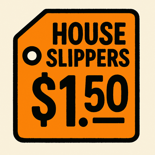 price tag that says house slippers $1.50.
In-Game asset.  2d.  High contrast.  No shadows