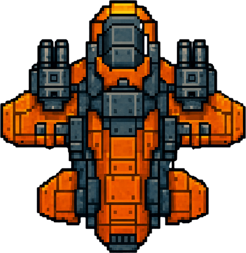 Бронированный летающий корабль звездолет пиксельный вид сверху 2д.
In-Game asset.  2d.  High contrast.  No shadows