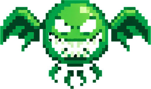 a pixelart flying space enemy. Green color, scary smiley face.
In-Game asset.  2d.  High contrast.  No shadows