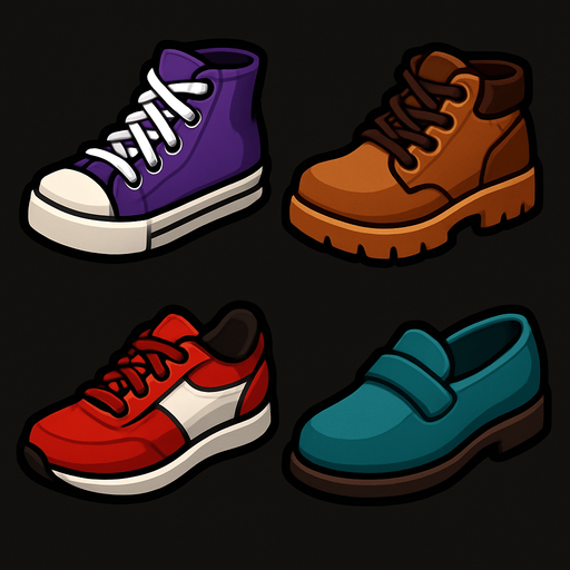 Pack of different shoes.
In-Game asset.  High contrast.  No shadows. 3D