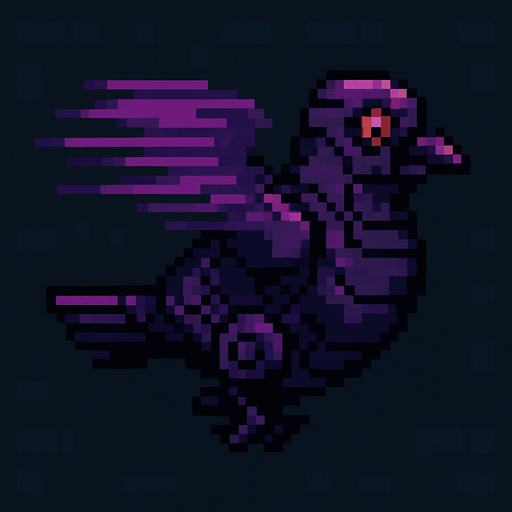 Pixel art of a dark purple robotic pigeon spinning in midair, wings blurred in motion. Enemy type in a 2D arcade game, side view.
In-Game asset.  2d.  High contrast.  No shadows