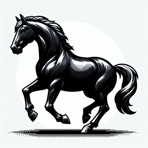 Black horse.
Single Game Texture.  In-Game asset.  2d.  Blank background.  High contrast.  No shadows