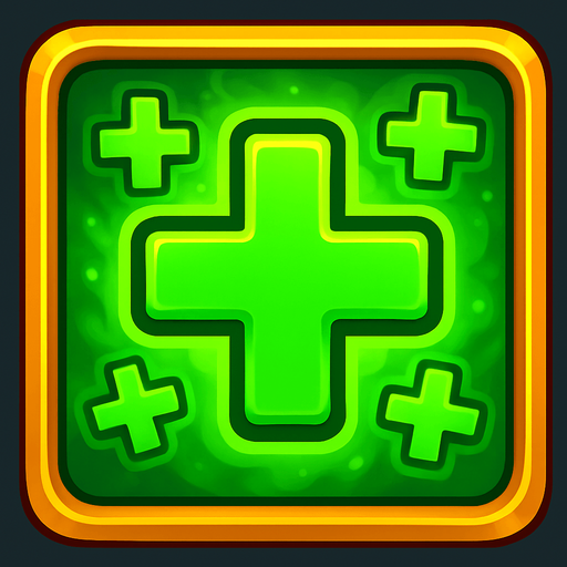 иконка восстановление здоровья много зеленых крестов в рамке, сочные цвета красивый фон.
In-Game asset.  2d.  High contrast.  No shadows
