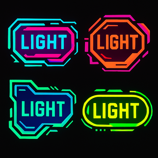 Buttons random shapes & have text 'Light'. HD colors. Cyberpunk. Abstract. Different colors.
In-Game asset.  2d.  High contrast.  No shadows