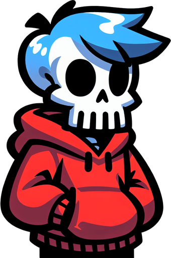 skeleton hair blu felpa rosso.
Single Game Texture.  In-Game asset.  2d.  Blank background.  High contrast.  No shadows