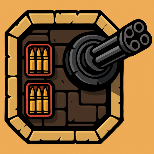 torre con 1 cañon con las balas de minigun desde arriba.
In-Game asset.  2d.  High contrast.  No shadows