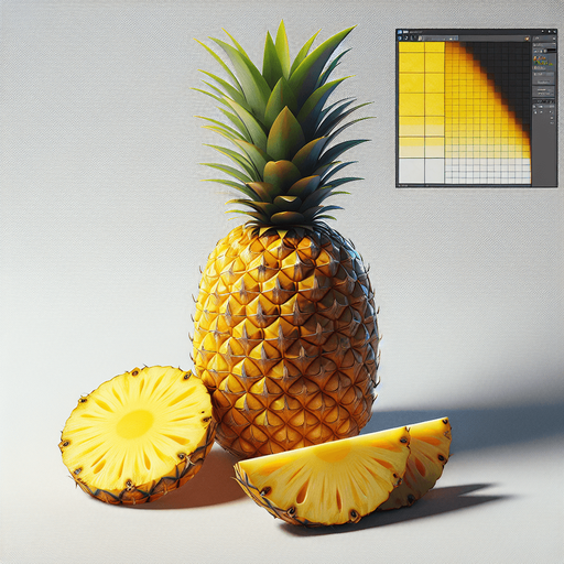 A pineapple with a few slices of pineapple in front.
Single Game Texture. In-Game asset. 2d. Blank background. High contrast. No shadows.