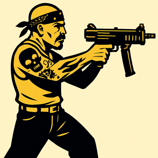 un pandillero mexicano apuntando con un SMG con la perspectiva lateral.
In-Game asset.  2d.  High contrast.  No shadows de cuerpo completo