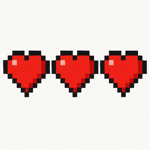 3 minecraft heart.
In-Game asset.  2d.  High contrast.  No shadows