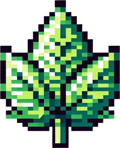 8 bit image anime green leaf.
Single Game Texture.  In-Game asset.  2d.  Blank background.  High contrast.  No shadows