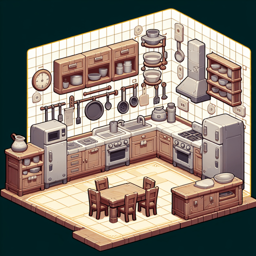 mutfak.
Single Game Texture.  In-Game asset.  2d.  Blank background.  High contrast.  No shadows