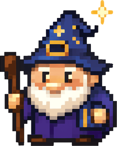 El mago debe ser un personaje pequeño y encantador, con una túnica azul oscuro o morada, un sombrero puntiagudo con estrellas o una hebilla dorada, barba blanca corta y ojos brillantes que transmitan sabiduría y simpatía; su cuerpo debe ser compacto y redondeado, estilo caricatura o pixel art, con detalles sencillos pero reconocibles como un bastón en la mano o un libro colgando; puede tener una animación sutil como parpadeo, movimiento de barba o chispa mágica en la punta del sombrero, y el fondo debe ser transparente para integrarse bien en un entorno colorido y fantástico.
In-Game asset.  2d.  High contrast.  No shadows
