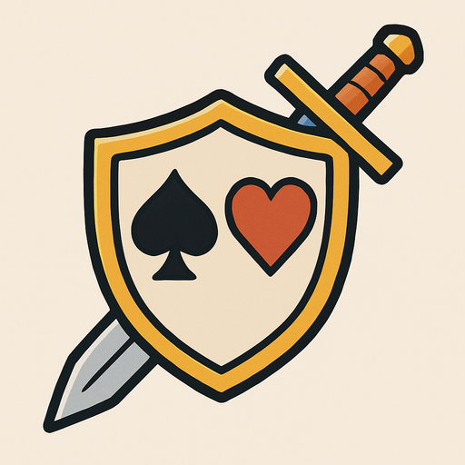 A shield with a spade and heart card suit coat of arms on it with a sword crossed downwards, behind it.  icon. Anime style..
In-Game asset.  2d.  High contrast.  No shadows