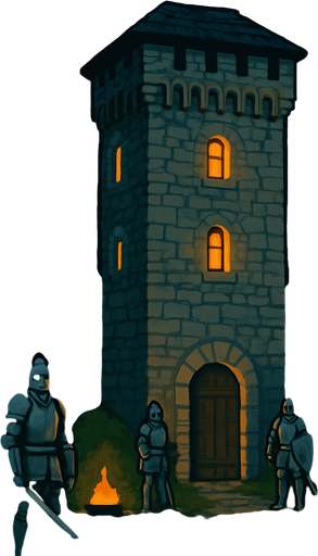 A hidden stone tower in a lush mountain pass, guarded by loyal knights, soft firelight glowing from narrow windows, peaceful and fortified, realistic.
In-Game asset.  2d.  High contrast.  No shadows