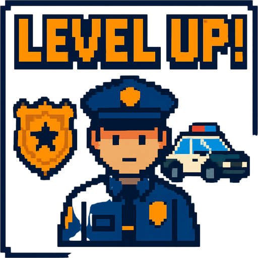 a police themed level up screen pixel art.
In-Game asset.  High contrast.  No shadows