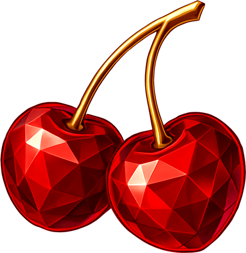 Crea un asset para el símbolo 'E' de Megaways: Cerezas Lujosas.
Dos cerezas rojas, estilizadas para parecer joyas o gemas, con una superficie brillante y reflejos. El tallo debe ser fino y elegante. Colores rojos intensos y brillantes. Estilo de casino sofisticado. Fondo transparente. Un giro elegante a un clásico (20x).
In-Game asset.  2d.  High contrast.  No shadows