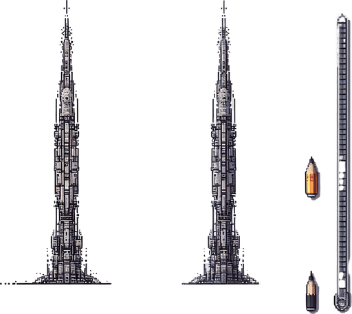 pixelart of a tall and thin spaceship, no background
Single Game Texture. In-Game asset. 2d. Blank background. High contrast. No shadows.