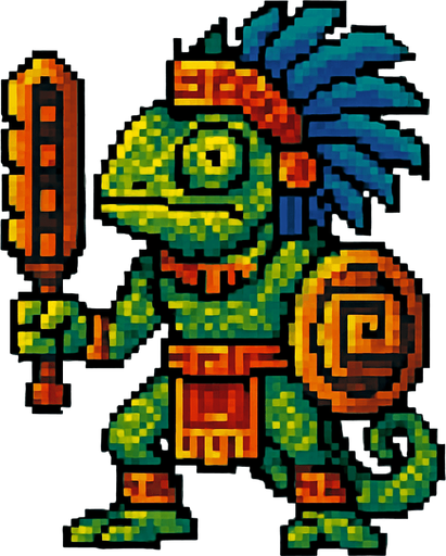 Generame un guerrero azteca con patrones, estilo pixelar, ademas sera un Camaleón de Cundinamarcahumanoide.
In-Game asset.  2d.  High contrast.  No shadows