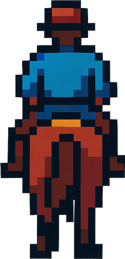 at üstünde olan pixel bir adam arkası dönük.
In-Game asset.  2d.  High contrast.  No shadows