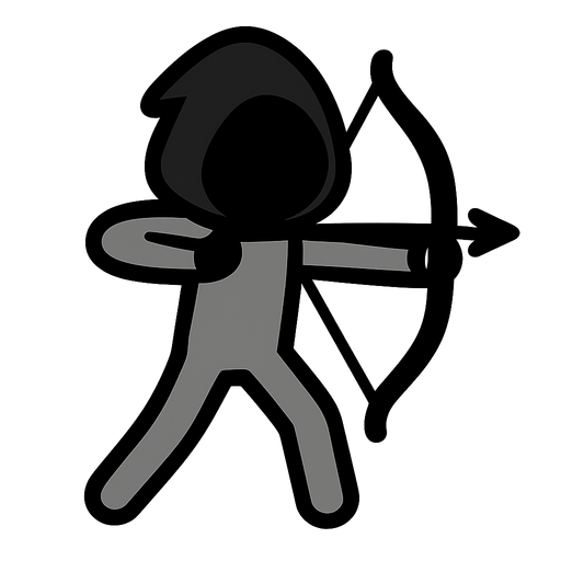 Gray stickman with it's face covered with a black hood equipped with a bow
In-Game asset.  2d.  High contrast.  No shadows, no eyes