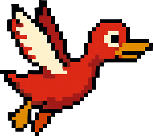 pixart red duck flying.
In-Game asset.  2d.  High contrast.  No shadows