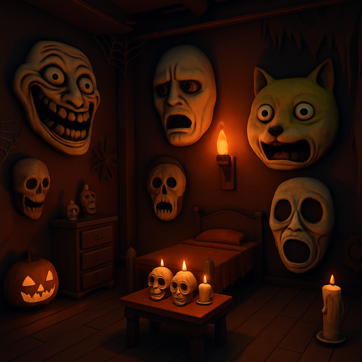 3D Scary room with many 3D decorations around, 3D scary masks of memes from movies around it.
In-Game asset.  3D.  High contrast.  No shadows. no jesus cross. no star of 6. no start of 5. no devil. HD colors