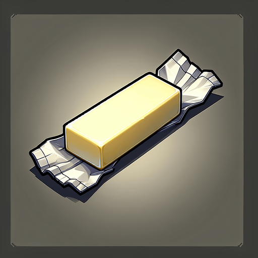 a butter stik in its wrapper. Single Game Texture. In-Game asset. 2d. Blank background. High contrast. No shadows.