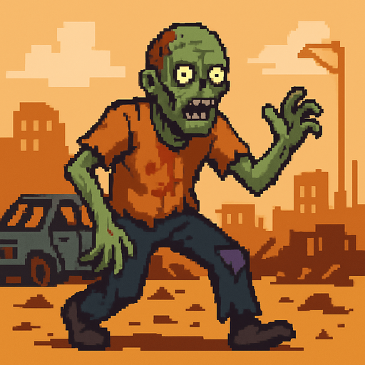 Post apocalyptic zombie pixel art less pixel.
In-Game asset.  2d.  High contrast.  No shadows