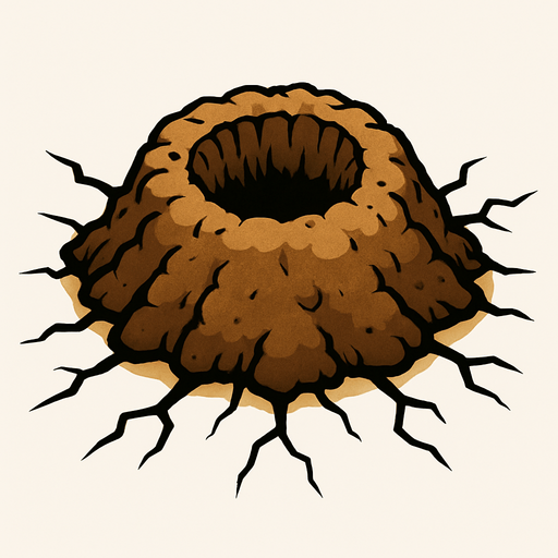 bir köstebek çukuru ama köstebeksiz etrafında çatlaklar olan ve yukarı doğru çıkan bir delik.
In-Game asset.  2d.  High contrast.  No shadows