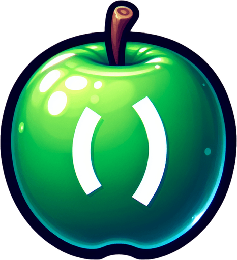 white " /" on a green apple.
Single Game Texture. In-Game asset. 2d. Blank background. High contrast. No shadows.