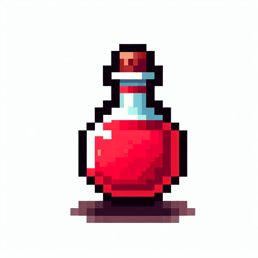 A small red potion. Pixel art..
Single Game Texture.  In-Game asset.  2d.  Blank background.  High contrast.  No shadows