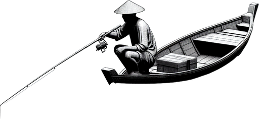 Man fishing on boat.
Single Game Texture.  In-Game asset.  2d.  Blank background.  High contrast.  No shadows