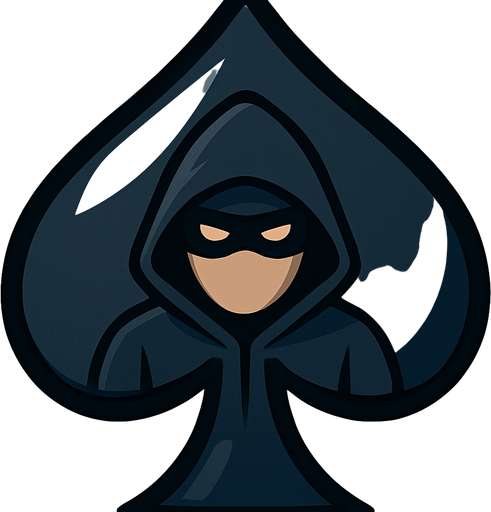 Add an icon of a cartoon spy with a hood and a mask on in the center of the spade.