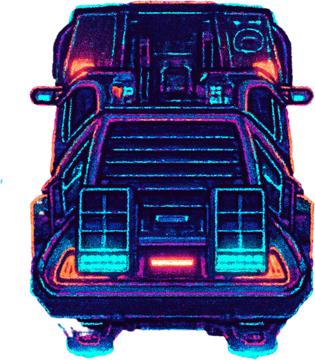 DeLorean hover car, seen from behind
Neon-lit, cyberpunk city aesthetic. Glowing accents and retro-futuristic mods. Top-down view, GTA2 style. Single Game Texture. In-game asset. 2D pixel art. Transparent background. High contrast. No shadows. Isometric perspective. Synthwave vibe with flickering lights and digital noise textures.