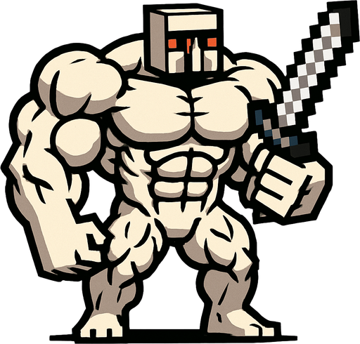 A super buff iron golem with super big muscles and that has a Minecraft iron sword in his hand..
In-Game asset.  2d.  High contrast.  No shadows