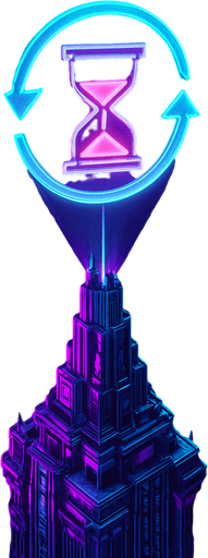 Top down isometric neon cyberpunk futuristic massive tower spire 3D slow down rewind symbol projection over top, time slowed symbol purples teal pink vaporwave glowing hologram over top hourglass glowing fully in frame not cutoff no background