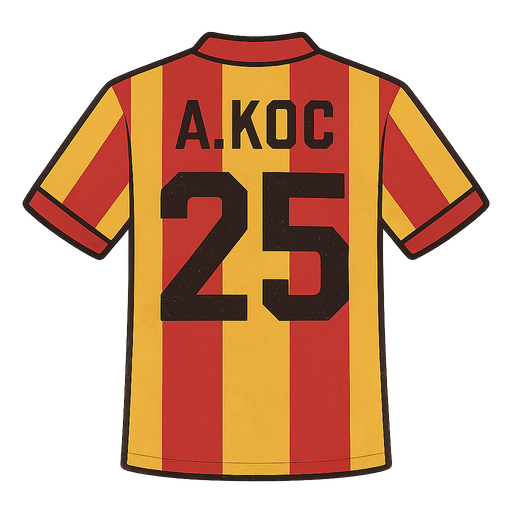 Sarı kırmızı çizgili forma oluştur , formanın arkasında "A.KOC " yazsın  , numarası da 25 numara olsun . Retro temada olsun . No background. Transparent background. Blank background. No shadows. 2d. In-Game asset. flat